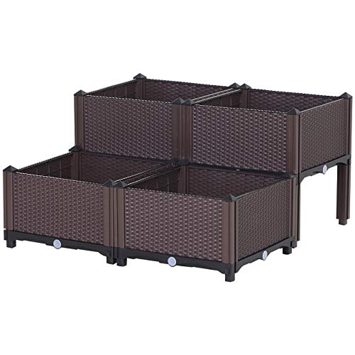 Outsunny Set of 4 Plastic Raised Garden Bed Elevated Planter Box Kit Rattan Pattern with Self-Watering Design and Compact Footprint, Perfect for Flowers Vegetables and Herbs
