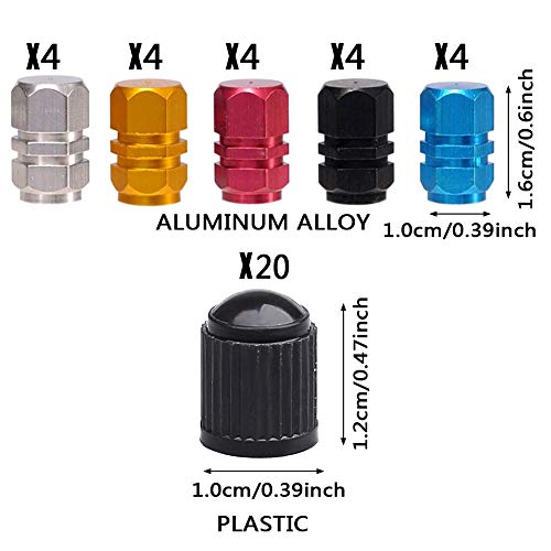 40 Pieces Tire Stem Valve Dust Caps,20 Pack Car Wheel Air Colorful Aluminum Covers with 20 Pcs Black Plastic Dustproof Tire Cap for Car, Motorbike, Trucks, Bike and Bicycle for Prevent Air Leakage