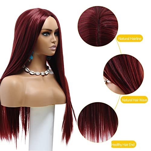 POPTAIYU Burgundy Long Straight Wigs for Women Synthetic Cosplay Full Hair Wigs Middle Parting for Daily Party Use (Burgundy，27.5 inch)