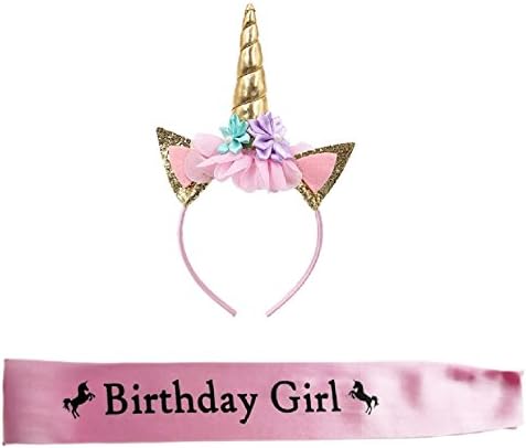 Rhoark Unicorn Headband and Satin Birthday Girl Sash Set