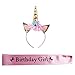 Rhoark Unicorn Headband and Satin Birthday Girl Sash Set (Gold/Pink)