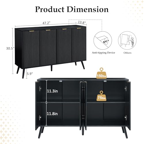 LYNCOHOME Fluted Buffet Cabinet, Sideboard Buffet Cabinet with Storage, Coffee Bar Kitchen Sideboard Cabinet for Living Room, Dining Room, Entryway, Black