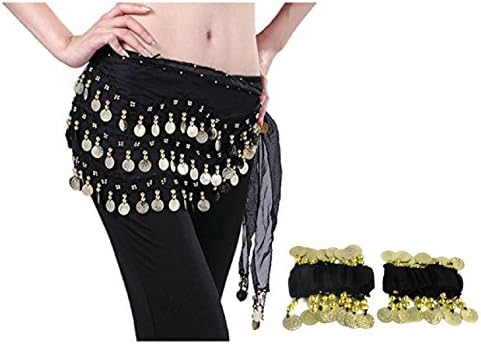 Gold Coins Belly Dance Chiffon Hip Scarf - Dance Belt & Wrist Ankle Cuffs Bracelets