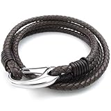 KONOV Mens Leather Stainless Steel Clasp Bracelet, Wrap Bangle, Brown Silver, 8