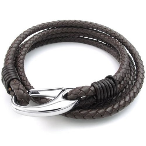 KONOV Mens Leather Stainless Steel Clasp Bracelet, Wrap Bangle, Brown Silver, 8 inch