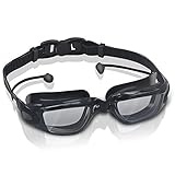 GLOUE Premium Swimming Goggles with Attached Ear Plugs Underwater Glasses No Leak, Clear Anti-Fog Lenses, Comfortable Nose Piece, Soft Durable Rubber Silicone for Adult Men Women Youth Kids Child