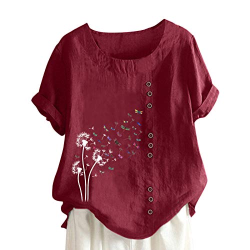 2021 Paardebloem-print ronde hals knop mode losse korte mouwen top blouse T-shirt - Image 3