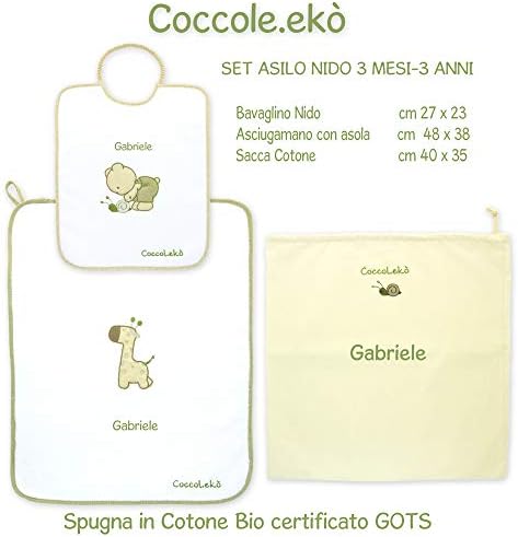 Cuddly Nursery Set - 3 Pieces: 1 bib, 1 Towel and 1 Bag with Personalised Name for Nursery -3 Months - 3 Years Natural