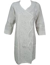 Womans Long Tunic Vanilla White Handmade Floral Chikan Embroidered Cotton Boho Summer Kurta White Dress
