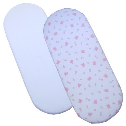 Pack of 2 Fitted Cotton Moses Basket Sheets - 1 White & 1 Blue Teddy Design