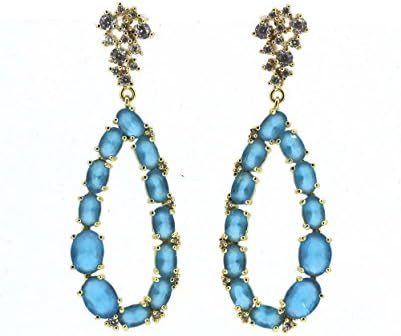 EGOO YAMEE Gorgeous Golden Plated Clip-On CZ Earrings - Round-Cut Halos Art Deco Woman Zircon Teardrop Earrings (Blue)