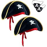 2 Pieces Pirate Hat Skull Print Pirate Captain Costume Cap - Pirate Accessories Funny Party Hat for Caribbean Fancy Dress with Eye Patch