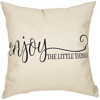 Fahrendom Rustic Farmhouse Home Décor Enjoy the Little Thing Decorative Throw Pillow Cover Vintage Country Style Inspirational Quote Sign Decoration Cotton Linen Cushion Case for Sofa Couch 18 x 18 In