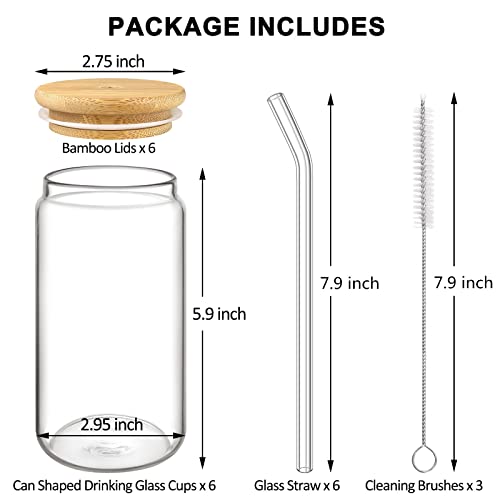 Gavoyeat Drinking Glasses with Bamboo Lids and Straw Set of 6, 16oz Can Shaped Glass Cups Beer Glass Iced Coffee Glasses Cute Tumbler Cup for Fruit juice, Smoothie, Boba Tea, Water