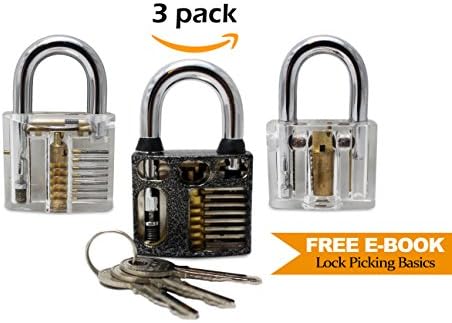 Locksmith Trainer - 3 Pack Practice Padlock - Includes Metal Heavy Duty Cutaway, Transparent Clear Acrylic 7 Spring and Disc Detainer Lock with Keys - Beginner to Professional Picking