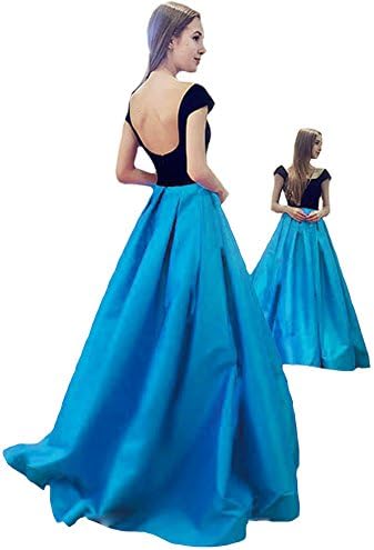 Gralre Women's Cap Sleeves A Line Long Prom Dresses Satin Formal Evening Gowns 2018 Blue US2