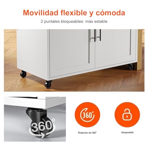 SIMPLE ESPACIO Isla de Cocina Móvil Multifuncional con Ruedas - Abatible,Organizador Integrado Gabinetes,Cajones,Especiero,Toallero Mesa Auxiliar,Almacenamiento Compacto Color de Relieve Blanco