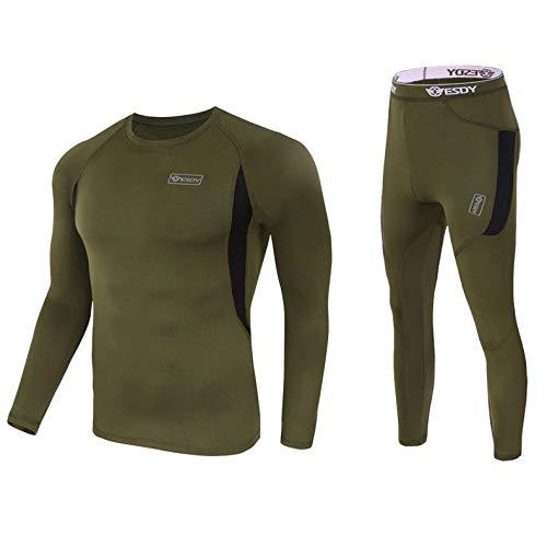 Convallaria Men's Thermal Underwear Sets Ultra Soft Wicking Crew Neck Long Johns Fleece Lined Sweat Bottom and Top Quick Drying for Outdoor Camping Sports Warm Underwear Set Army Green, XL
