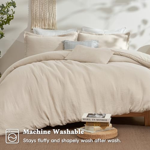 David's Home Cotton Muslin Comforter Set Queen Size, 100% Cotton Cover Ultra-Soft Breathable Lightweight Skin-Friendly for Spring Summer, 3PCS Linen Like Gauze Bedding with Polyester Filling, Natural