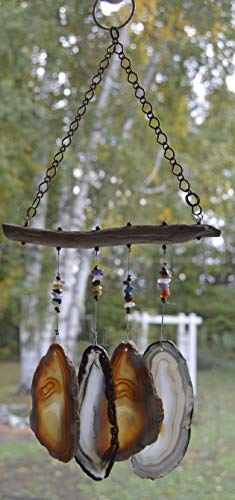 wind chime sliced Agate geode windchime stone sun catcher wind chime mobile window decor hanging natural ambers, whites and Grey with Multi gemstone chip accents on a piece of Lake Superior Driftwood