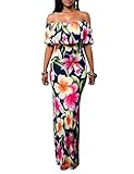 VintageRose Elegant Flowers Off Shoulder Ruffle Plain Bodycon Long Party Maxi Dress