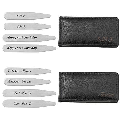 Personalized Master Free Engraving Custom Engraved Stainless Steel Collar Stays Travel Set for Men Dress Shirt Stiffeners in Genuine Leather Case Holder Wallet, 2.2" 2.5" 2.75" 3"