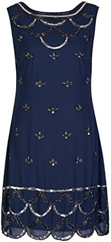 1920's Flapper Charleston Navy Chiffon Scallop Embellished Sequin Shift Dress