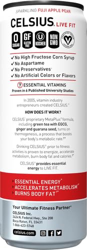 CELSIUS SPARKLING FUJI APPLE PEAR, FUNCTIONAL ESSENTIAL ENERGY DRINK, 12 FL OZ