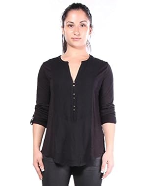 Women's Woven Mixed Henley V-Neck T-shirts