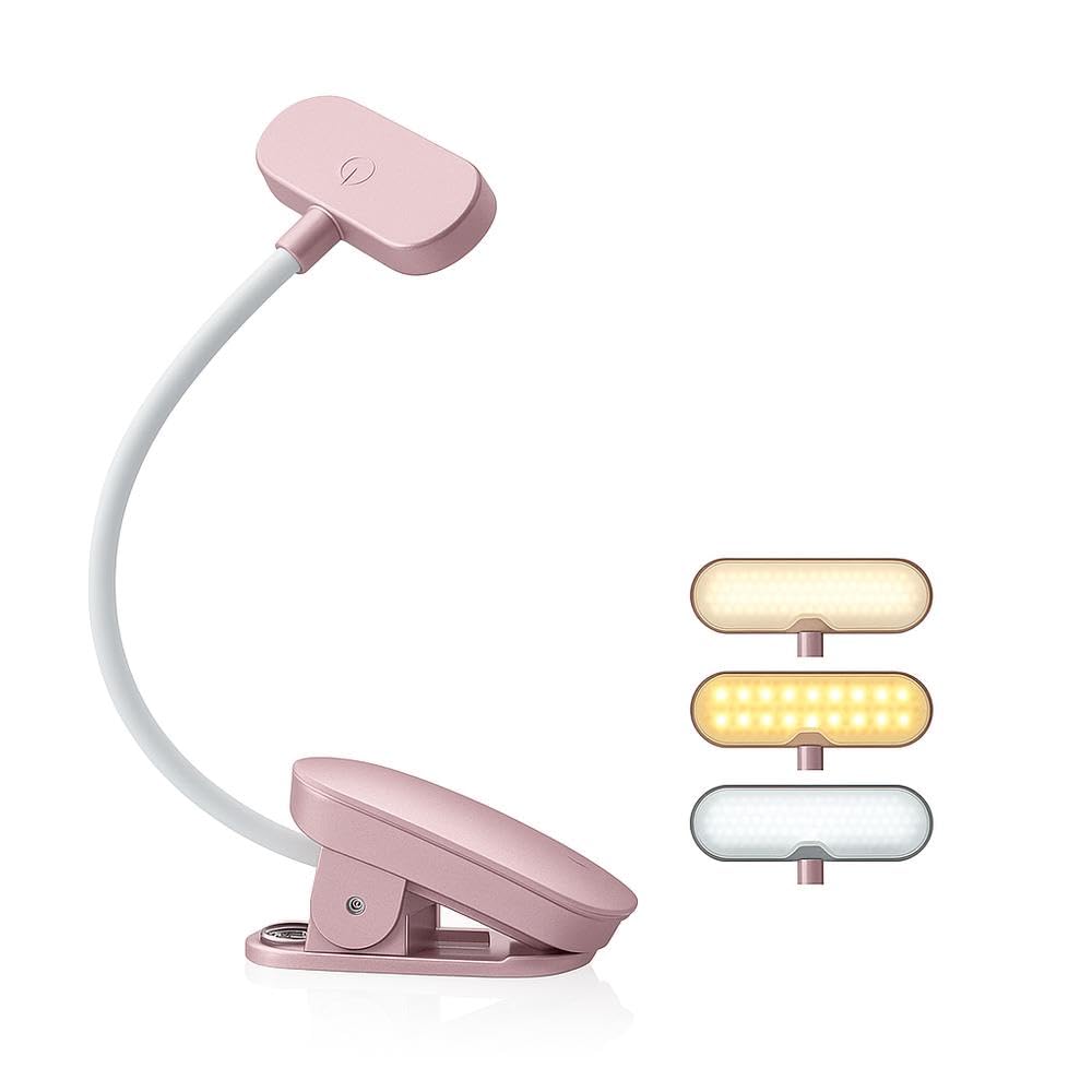 Photo 1 of Elampros Rechargeable Book Light for Reading in Bed – 14 LED Book Light with 3 Color Temperatures, Stepless Dimming, Up to 80 Hours Runtime, 360° Rotatable Clip – Perfect for Book Lovers, Rose Gold
