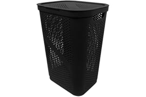 Laundry Hamper with Lid 60-Liter – Black, Large Rattan-Style Plastic Laundry Basket for Bathroom, Bedroom, or Laundry Room, D