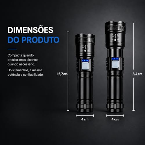 Lanterna T9 Tática LED Recarregável P50 Alta Potência 1200 Lumens Zoom Longo Alcance Ajustável Profissional - 3 Modos de Iluminação - Camping Trilhas Emergência Resistente e Compacta