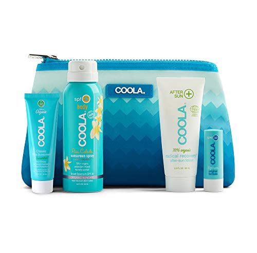 COOLA 4 Piece Signature Organic Suncare Travel Kit | Includes Sunscreen Spray, After Sun Lotion, Face Sunscreen Moisturizer + Liplux Original Lip Balm | Broad Spectrum SPF 30 | TSA Carry-On Sizes