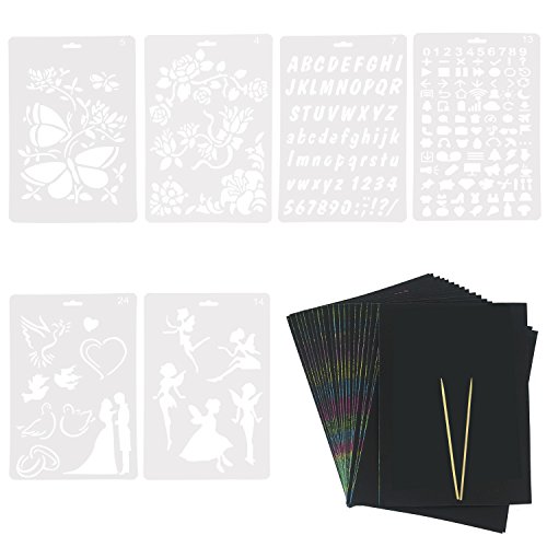 Wartoon 20 Sheets Rainbow Scratch Art Paper Magic Painting Papers Scratch Boards with 2 Pieces Wooden Stylus Sticks 6 Painting Rulers - Thumbnail 7