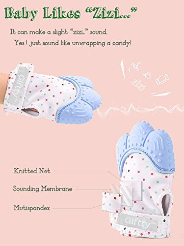 Baby Teething Mittens Self Soothing Pain Relief Mitt, Stimulating Teether Toy, Prevent Scratches Protection Glove with Travel Bag, Stay on Baby‘s Hand, Unisex for 0-6 months Baby (2 Mittens - Blue)
