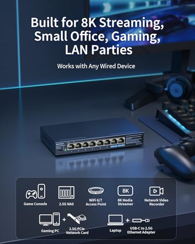 BrosTrend 2.5Gb Network Switch, 8-Port Unmanaged Ethernet Switch Supports Static Link Aggregation & VLAN Ideal for Gaming NAS PC, Ethernet Splitter, Fanless, Desktop / Wall-Mount, Lifetime Protection