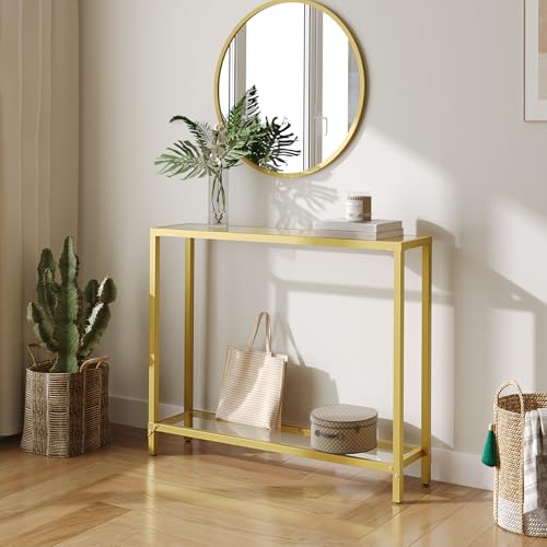 HOOBRO Gold Console Table for Living Room, 100 cm Narrow Long Sofa Table with Tempered Glass, 2 Tier Skinny Entryway Table with Open Shelves, Slim Hallway Table with Metal Frames, Gold EGD04XG01