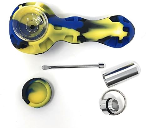 ATEKKI Travel Silicone Smoking Accessory with Metal Tool and Keychain Case (Blue/Yellow)