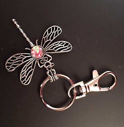 Dragonfly Pendant Key Chain Stunning One of a Kind Dragonfly Abstract Acrylic Pouring/Fluid Art Key Fob Silver Cabochon (8mm) Greens, Red and White #29