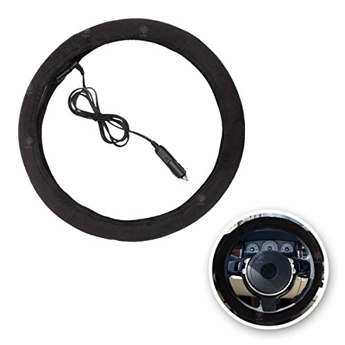 VaygWay Heated Steering Wheel Cover- 12V Black Warmer Car Steering Heater- 15 inch Electrical Wheel Cover