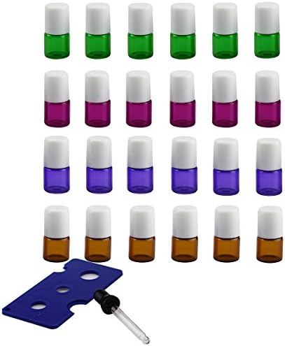 24 Pcs Colorful Mini 1ml (1/4 Dram) Roll on Glass Bottle for Essential Oil with Stainless Steel Roller Balls - Refillable Aromatherapy Essential Oil Roll On Amber Pink Green Purple (White caps)