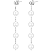 925 Sterling Silver Long Pearl Chain Drop Earrings for Women, Freshwater White Pearl Dangle Earrings in Gold & Silver Tone, Minimalist Elegant Jewelry for Everyday & Gift