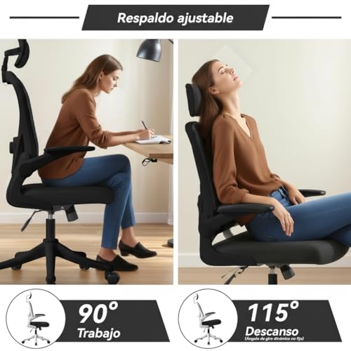 VIDITA Silla de Escritorio Ergonómica Oficina reposabrazos Ajustables Negro | Reposabrazos ajustables Silla de oficina de malla Relleno de espuma blanda en la zona lumbar, con soporte lumbar ajustable