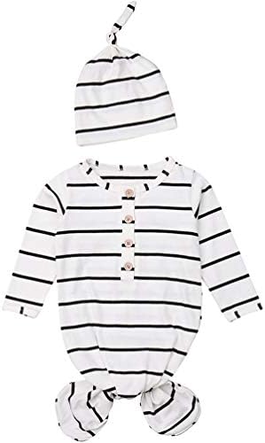 COLOOM Newborn Baby Girls Boys Gown Knotted Sleeping Bag Infant Organic Striped Sleeper with Hat