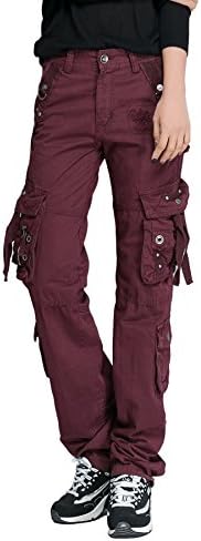 Xudom Womens Casual Cargo Pants with Multi-Pockets Cotton Long Trousers for Hiking Red Wine S
