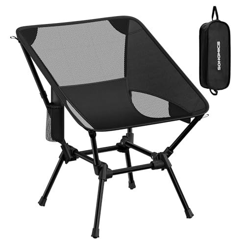 Chaise de Camping, Chaise de Plage Pliante Hauteur Réglable, Structure en Acier, Supporte 150 kg, 2 Poches de Rangement, pour Voyages, Noir GCB050BZ01