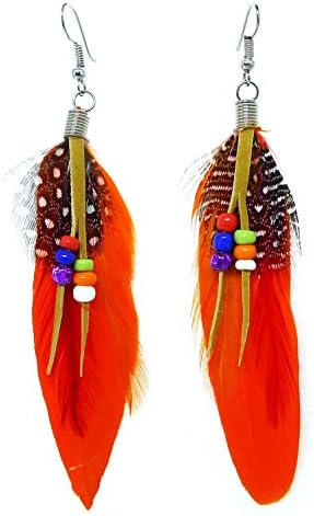 Bijoux De Ja Rhodium Plated Boho Beaded Natural Feather Drop Dangling Earrings (Orange)