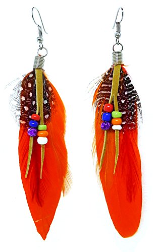 Bijoux De Ja Rhodium Plated Boho Beaded Natural Feather Drop Dangling Earrings (Orange)