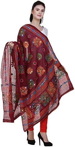 Hanu Creations Women's Kutch Mirror Work Cotton Dupatta Chakachak Maroon