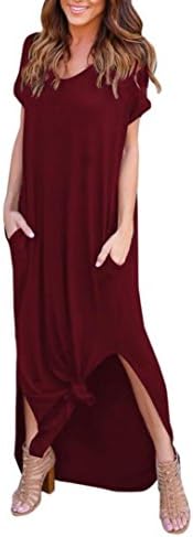 Lamolory Women's Casual Pocket Beach Long Dress Short Sleeve Split Loose Maxi Dress (Red, S)